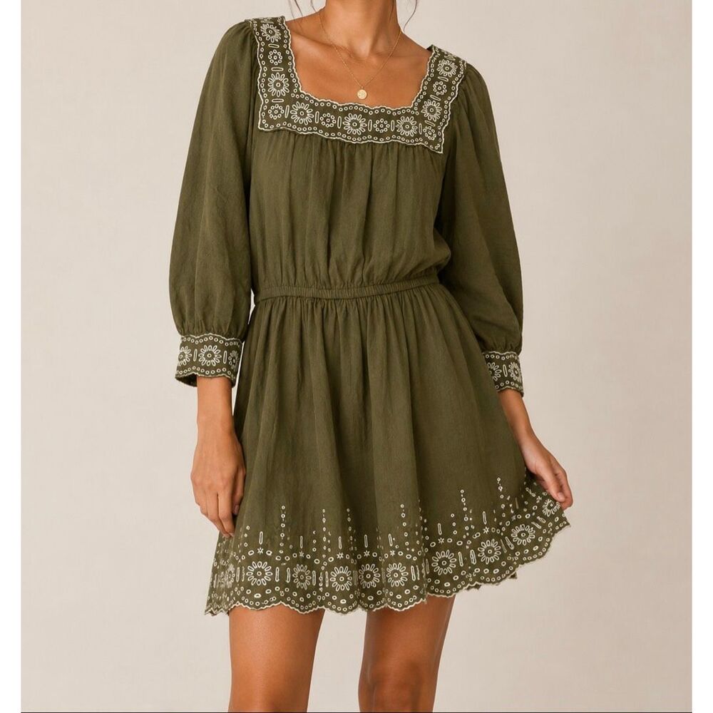 Madewell XS Olive Embroidered Mini Dress Cottagecore Boho Prairie